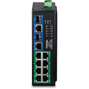 TRENDnet TI-BG108 10-Port Ethernet Switch, 8 Gigabit PoE++ ports, 2 shared Gigabit RJ-45/SFP slots, 20 Gbps switching capacity, DIN-rail/wall mount